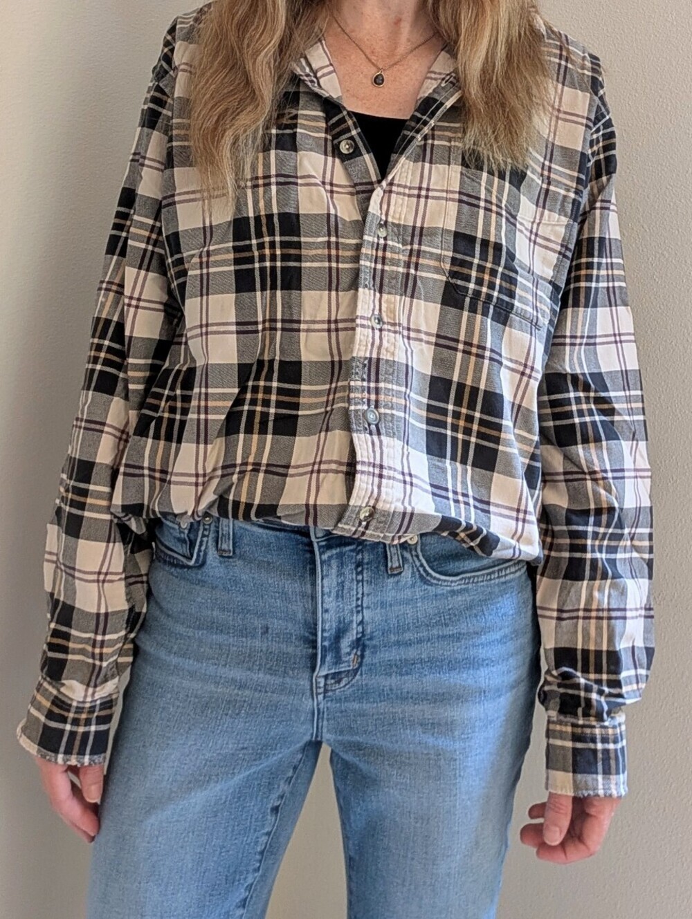 Vintage L.L. Bean Neutral Plaid Button-Front Collared Shirt In Black/Ivory